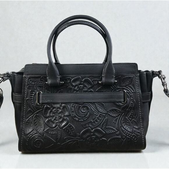 COACH Swagger 27 Tea Rose Tooling Leather Bag Black Rare Unique Clasic Old Money - Picture 3 of 14